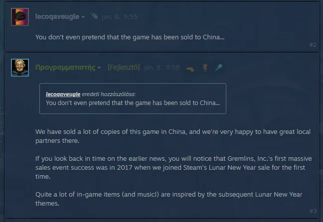 A screenshot of a Reddit thread where a user named 'lecoqaveugle' claims a game hasn't been sold to China. A reply from…