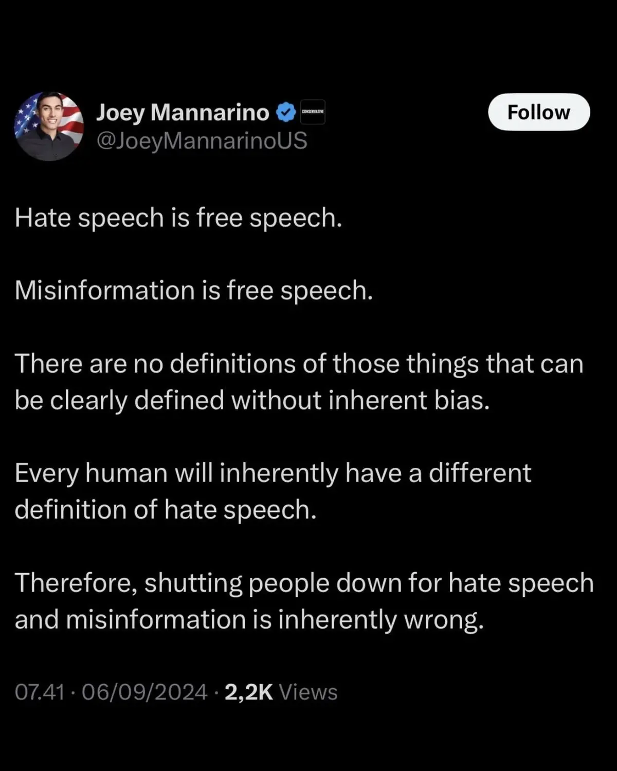 A screenshot of a tweet by Joey Mannarino, who claims hate speech and misinformation are free speech because their…
