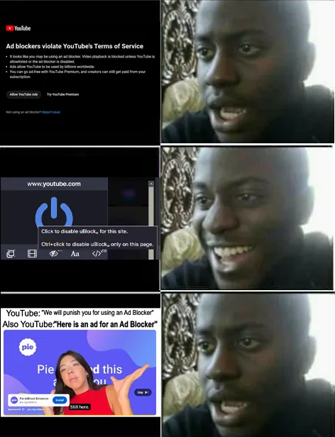 A three-panel meme shows a man's escalating facial expressions: first surprised, then smirking, then shocked. The top panel…