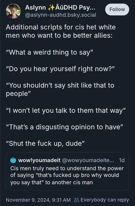 A screenshot of a social media post listing sarcastic 'scripts' for cisgender white men to use as faux allyship when…