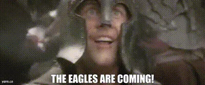 A six-panel meme strip from 'The Lord of the Rings' shows a man in armor shouting 'THE EAGLES ARE COMING!' as the panels…