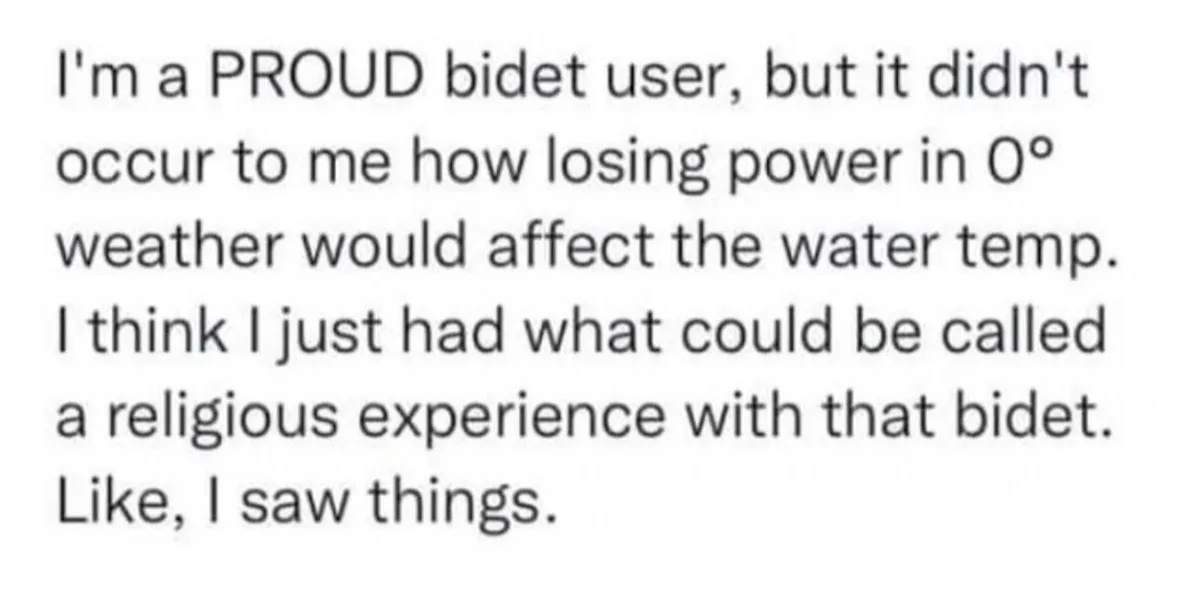 The image is a plain white background with black text that reads: 'I'm a PROUD bidet user, but it didn't occur to me how…