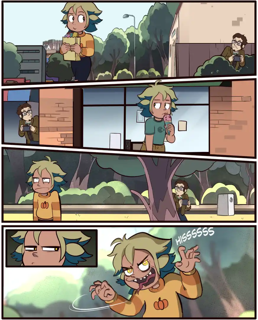 A four-panel comic strip shows a person with blonde and blue hair eating an ice cream cone while being secretly filmed by a…