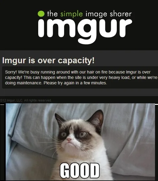 The image shows the Imgur website's 'over capacity' error page, featuring a photo of the grumpy cat with the word 'GOOD'…