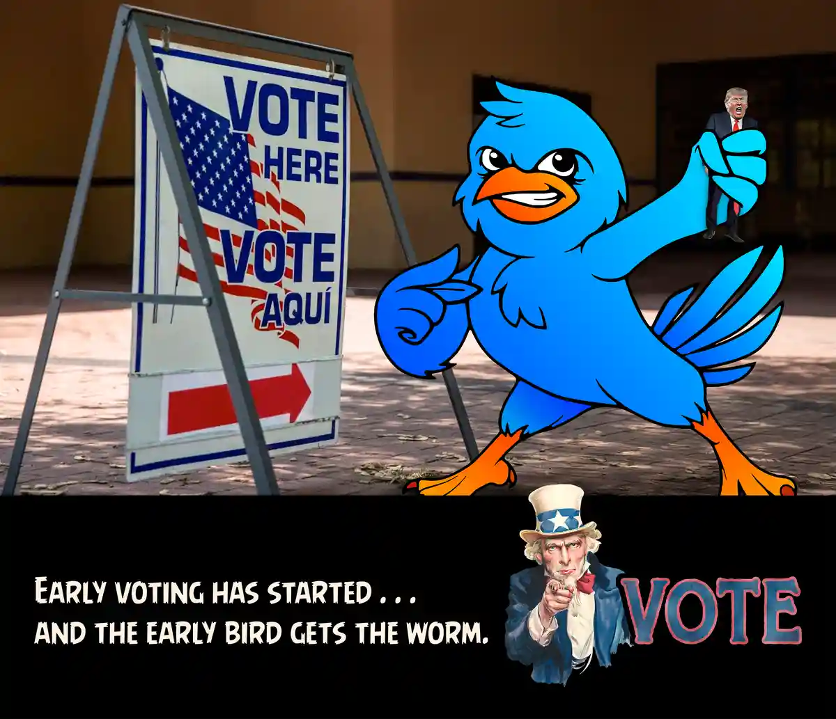 A large blue cartoon bird, resembling the Twitter logo, stands next to a 'VOTE HERE' sign with an American flag design. A…