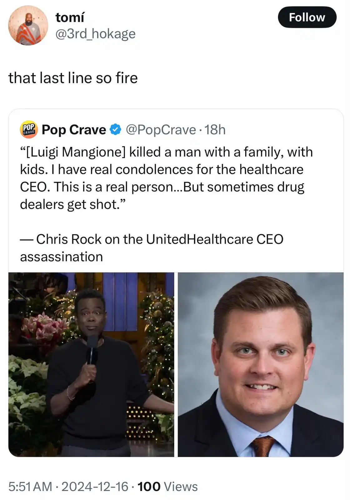 The image displays a tweet from Pop Crave quoting Chris Rock's controversial statement about the UnitedHealthcare CEO…