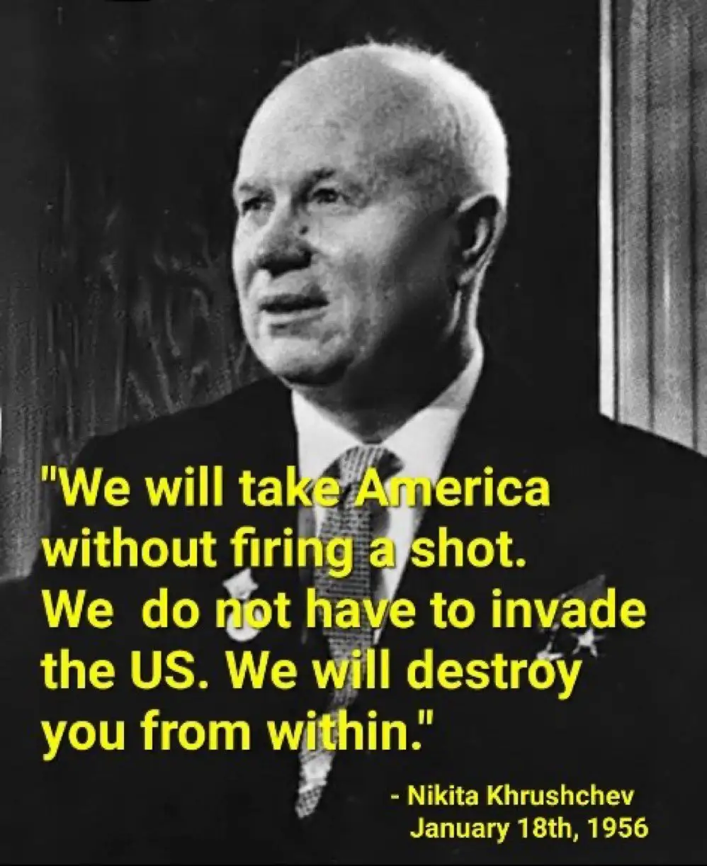 A black-and-white photo of Nikita Khrushchev, a balding older man in a suit and tie, looking slightly to his right. Overlaid…
