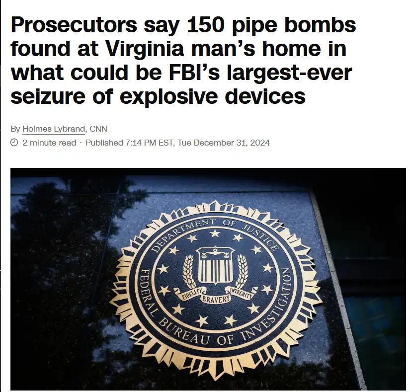 The image displays a news article headline about 150 pipe bombs found at a Virginia man's home, potentially the FBI's…