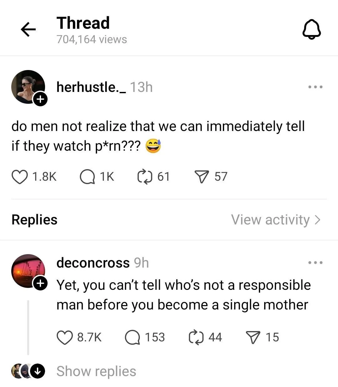 A screenshot of a social media thread shows a user asking if men don't realize women can tell if they watch pornography…