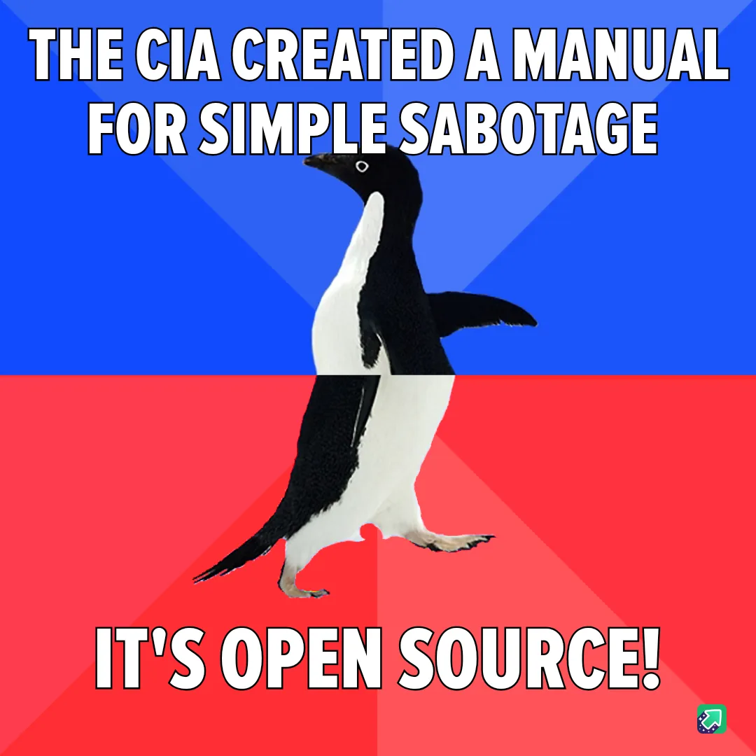 A black-and-white penguin stands centered against a split blue and red background. White bold text at the top reads 'THE CIA…