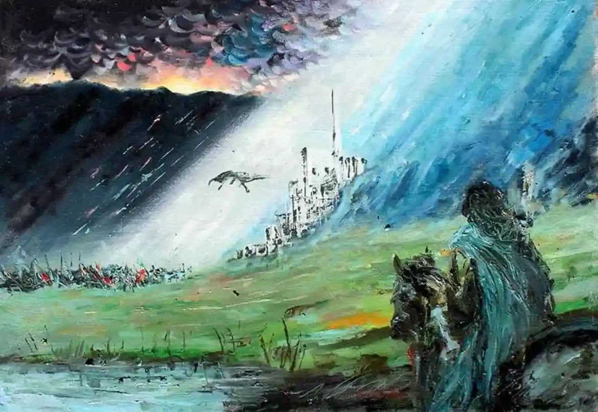 A dramatic painting depicts a lone figure in a teal cloak riding a dark horse across a stormy, green field, looking toward a…