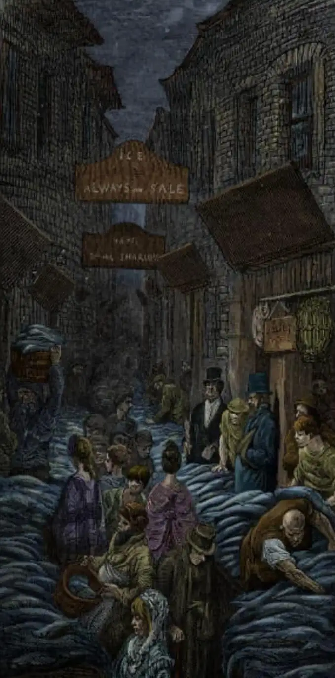 A dark, crowded historical street scene with people wading through deep water, some carrying goods, under a sign that reads…