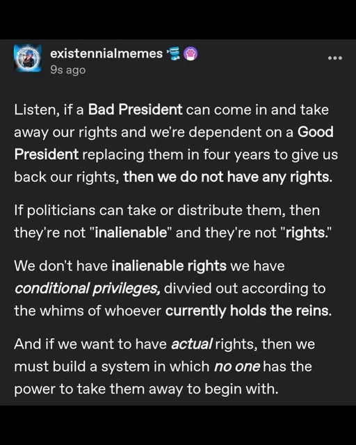 A screenshot of a social media post from 'existennialmemes' with white text on a black background. The text argues that if…