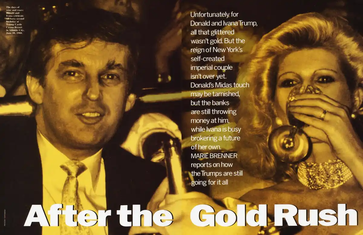A vintage magazine spread from 1988 shows Donald and Ivana Trump at a celebratory event, with Donald in a suit and Ivana…