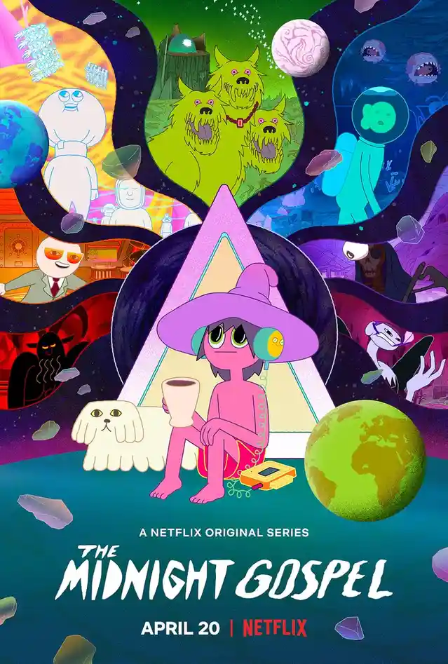 A promotional poster for the Netflix original series 'The Midnight Gospel' features a pink-skinned character in a purple…