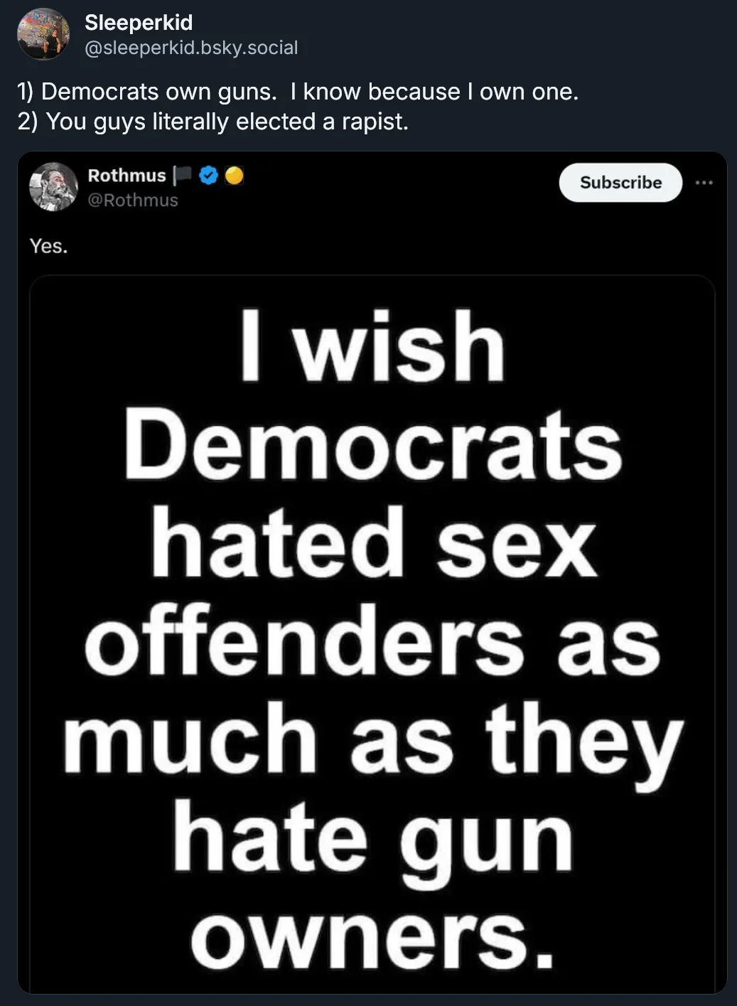 The image displays a black background with large white text reading 'I wish Democrats hated sex offenders as much as they…