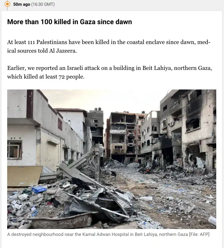 A news article screenshot shows a photo of a heavily damaged urban street with rubble and collapsed buildings. The headline…