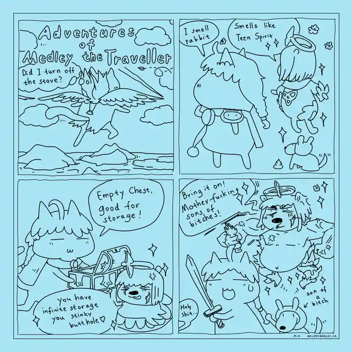 A four-panel comic titled 'Adventures of Medley the Traveller' shows a winged fox character wondering if they turned off the…
