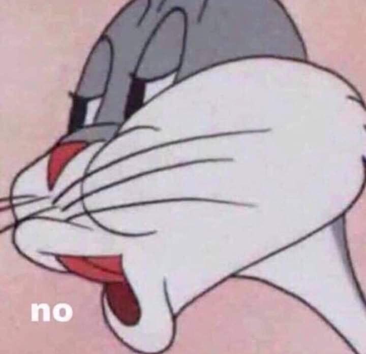 A close-up of the cartoon character Bugs Bunny with his eyes half-closed and mouth open in a dismissive expression, overlaid…