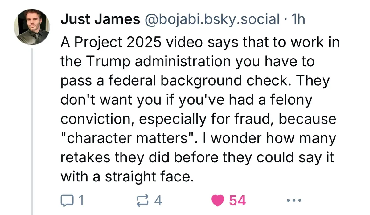 A screenshot of a social media post by 'Just James' discussing a Project 2025 video's claim that a federal background check…