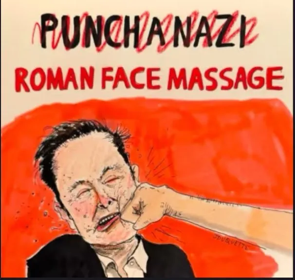 A cartoon drawing shows a man with a distressed expression as a fist punches his face. The text above reads 'PUNCHANAZI' in…
