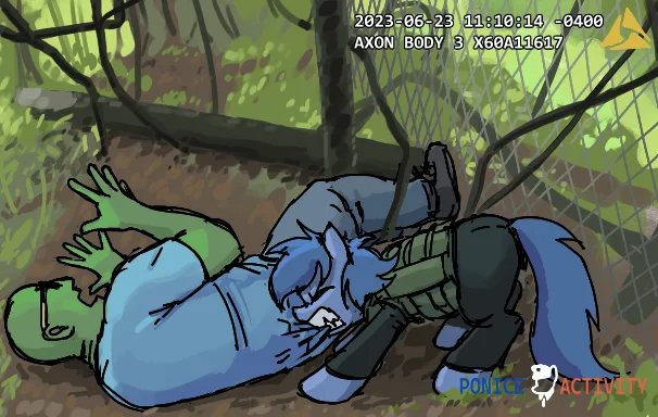 A cartoonish blue-furred pony with a green vest is pinned to the ground by a green-skinned humanoid figure in a wooded area…