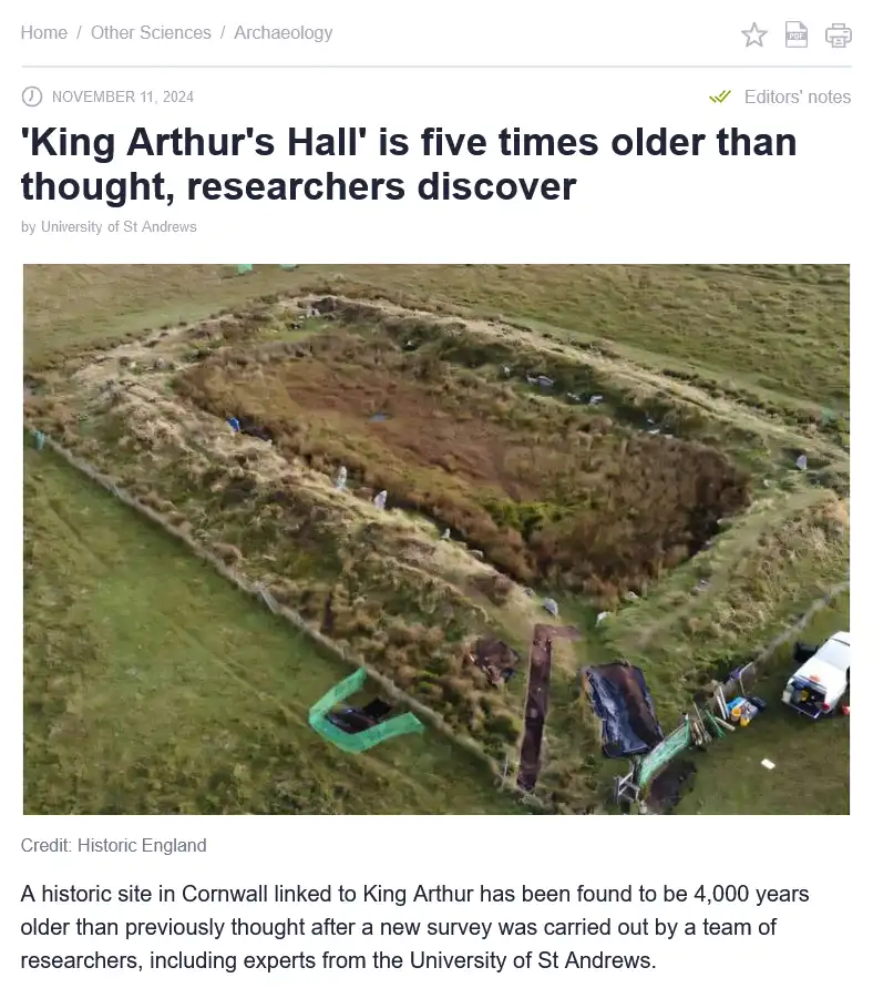 An aerial photo shows an archaeological dig site with grassy terrain and excavated earth, featuring research equipment and…