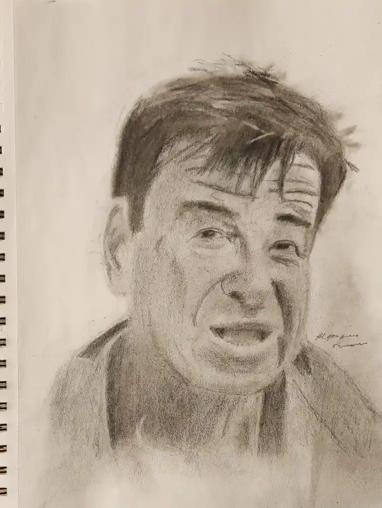 A detailed charcoal sketch on spiral-bound notebook paper depicts a man with a distressed, tear-streaked face, mouth open as…