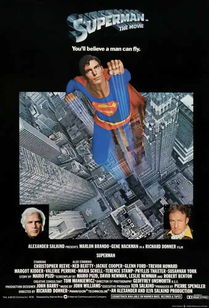 This is the original 1978 movie poster for 'Superman: The Movie,' featuring Christopher Reeve as Superman flying over a…