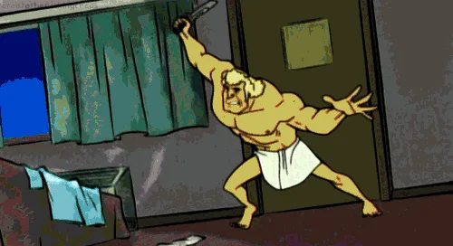 A comic strip sequence shows a muscular man in a white towel breaking down a door, followed by a woman with red hair and an…