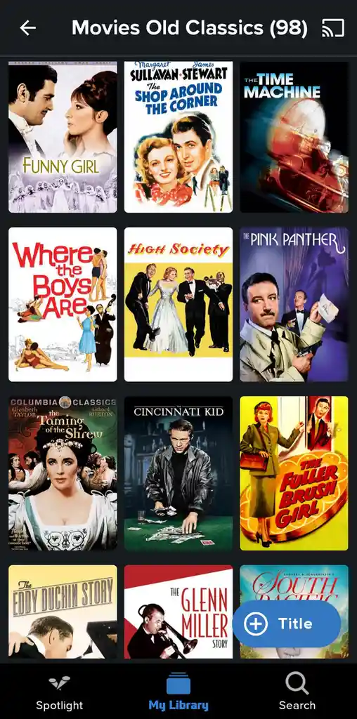 A screenshot of a movie library app showing a grid of classic film posters including Funny Girl, The Shop Around the Corner…