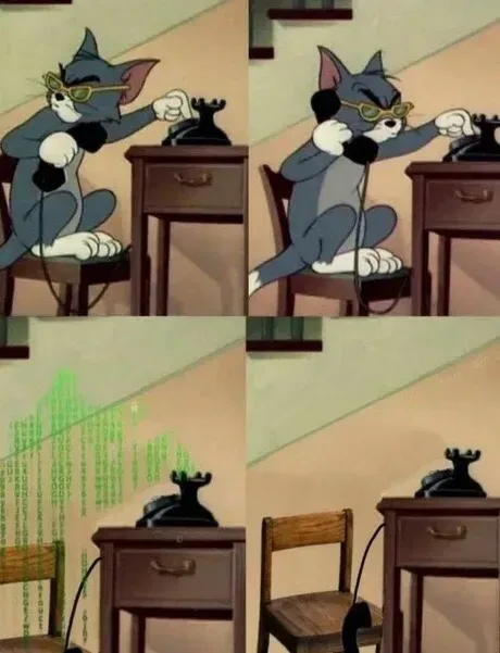 This four-panel meme features Tom Cat from Looney Tunes, initially wearing glasses and holding a phone receiver while…