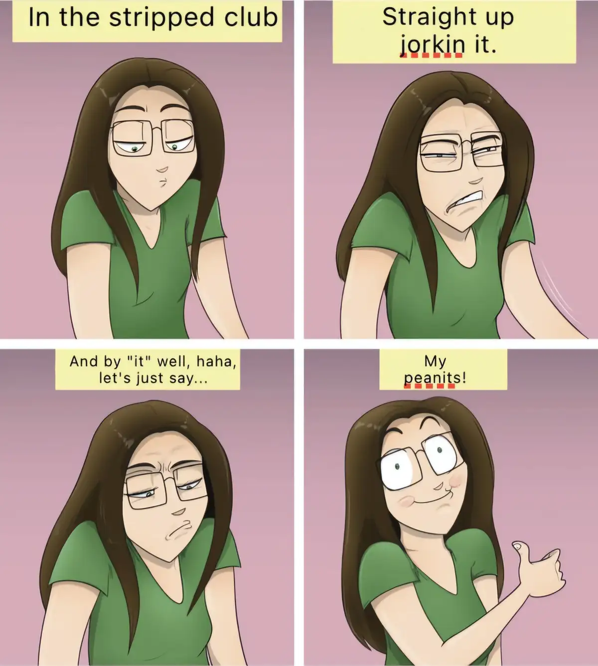 A four-panel comic strip featuring a cartoon woman with glasses and long brown hair in a green shirt. In the first panel…