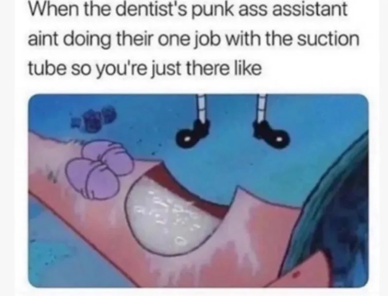 The image shows a cartoon character, likely SpongeBob SquarePants, with his mouth wide open during a dental procedure. Two…