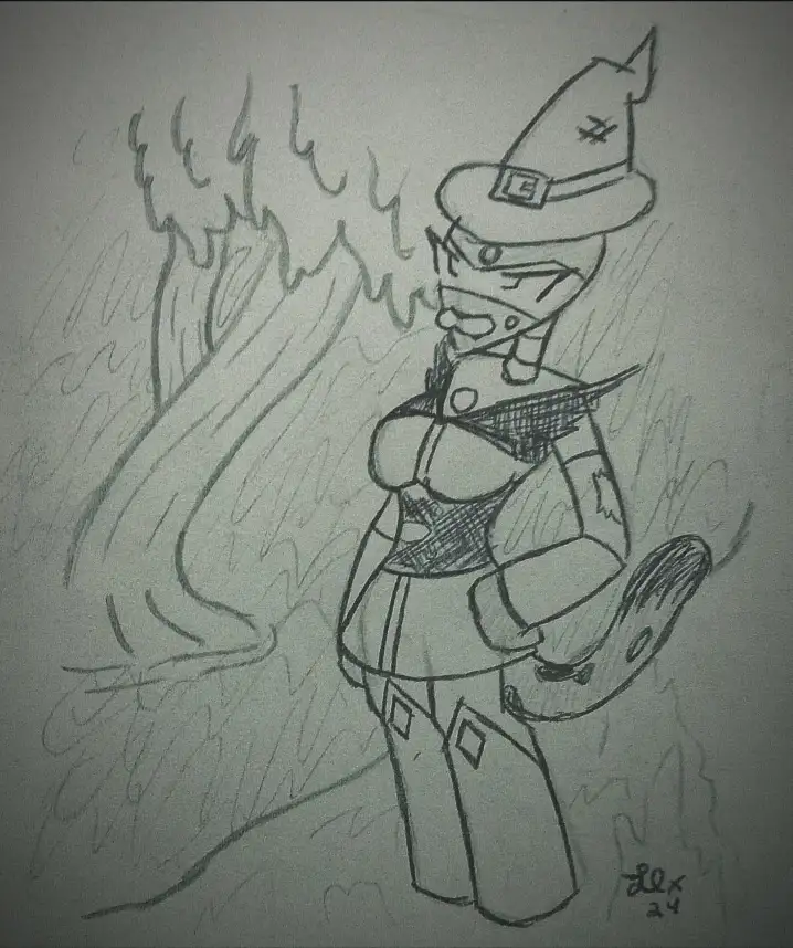 A pencil sketch depicts an anime-style character with a pointed hat and a stern expression, standing beside a large…