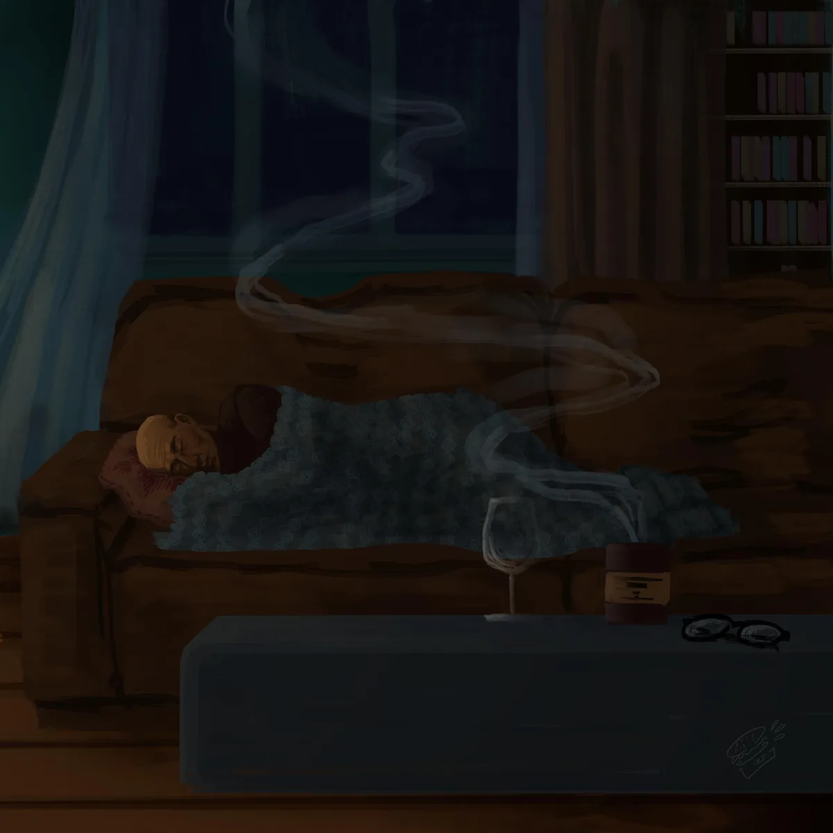 An elderly man sleeps soundly on a couch in a dimly lit room, with a swirling smoke-like trail rising from his body. A wine…