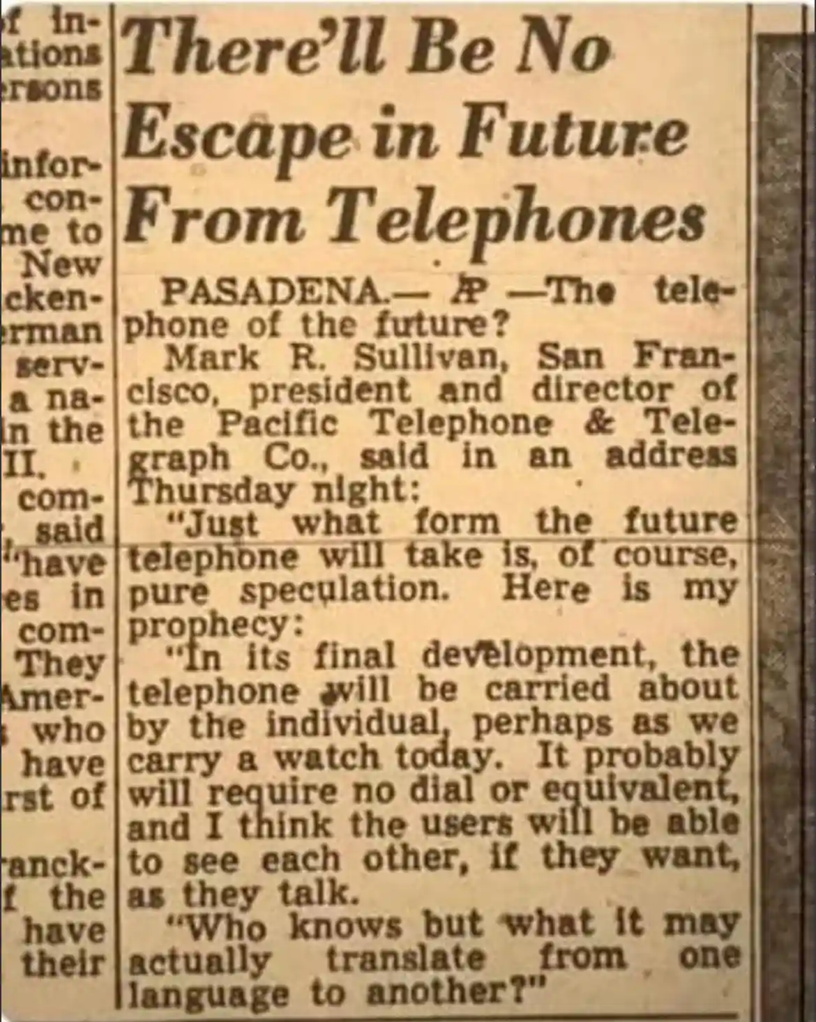 A vintage newspaper clipping shows a 1920s article where Mark R. Sullivan, president of Pacific Telephone & Telegraph Co…