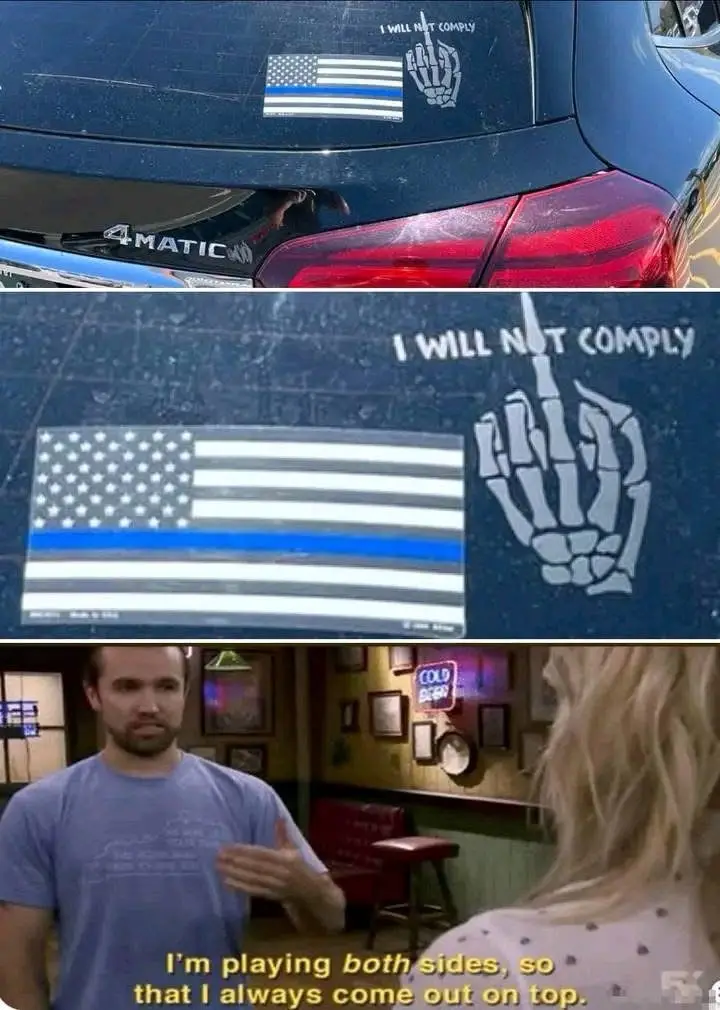 The image is a three-panel meme. The top two panels show a close-up of a dark blue car's rear window with two stickers: a…