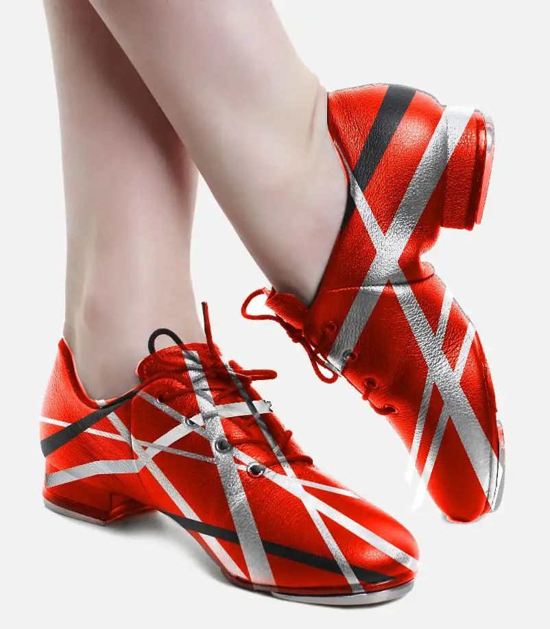 A close-up image shows a person's feet wearing red tap dance shoes decorated with a silver and black X-shaped pattern…