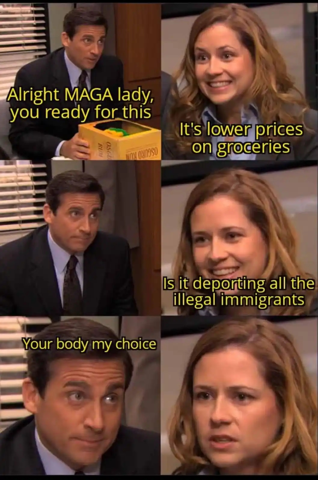A six-panel meme using scenes from 'The Office' featuring Jim Halpert and Pam Beesly. Jim holds a box of rum and asks a…