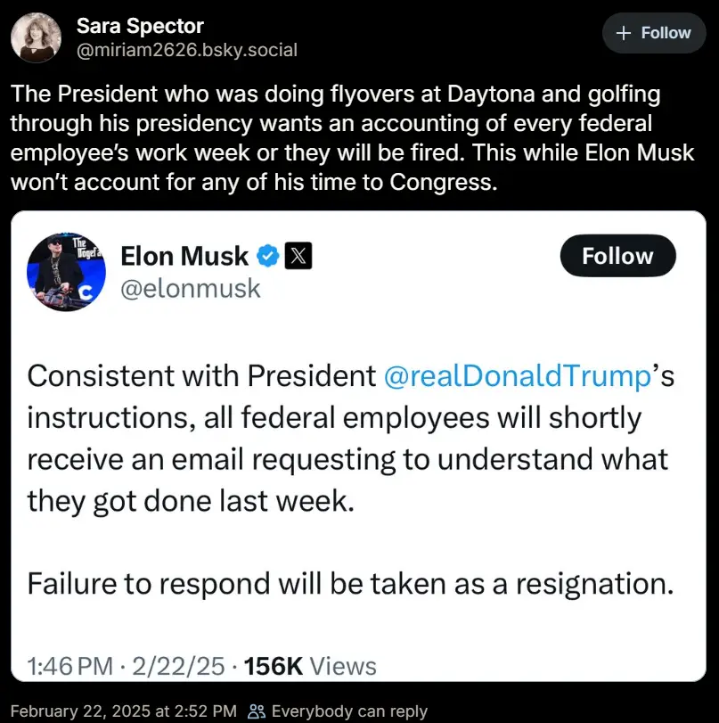 A screenshot of a fictional tweet attributed to Elon Musk, which claims he is enforcing a policy requiring federal employees…