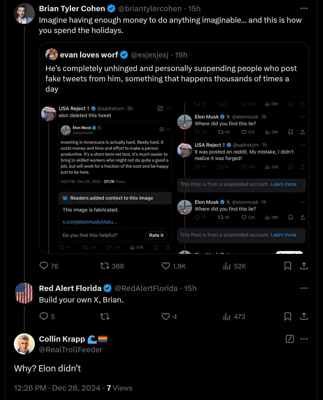 A screenshot of a Twitter thread shows Brian Tyler Cohen imagining spending holidays by suspending fake tweets from Elon…