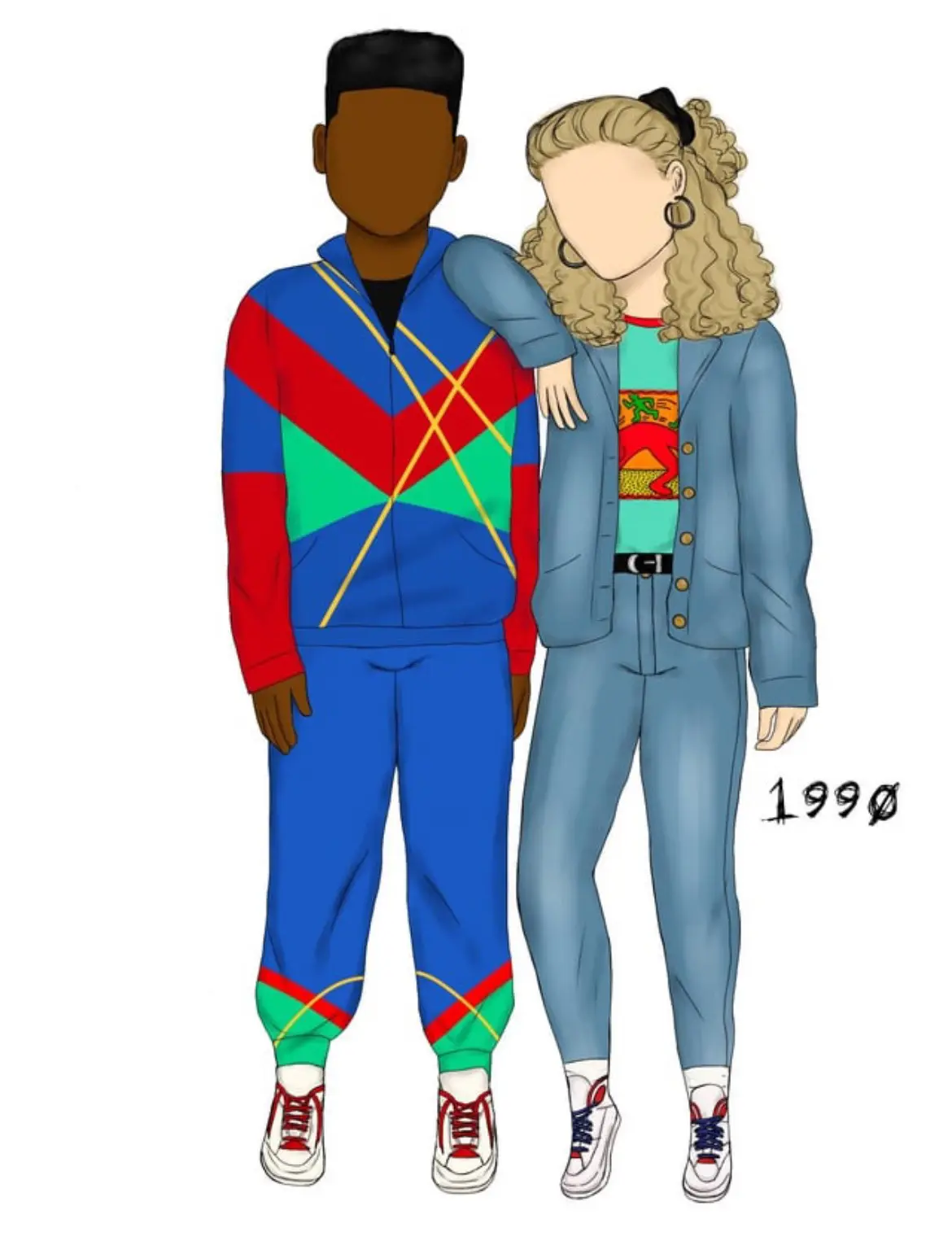 Two faceless cartoon figures, a man in a blue, red, and green geometric-patterned tracksuit and a woman in a blue denim suit…