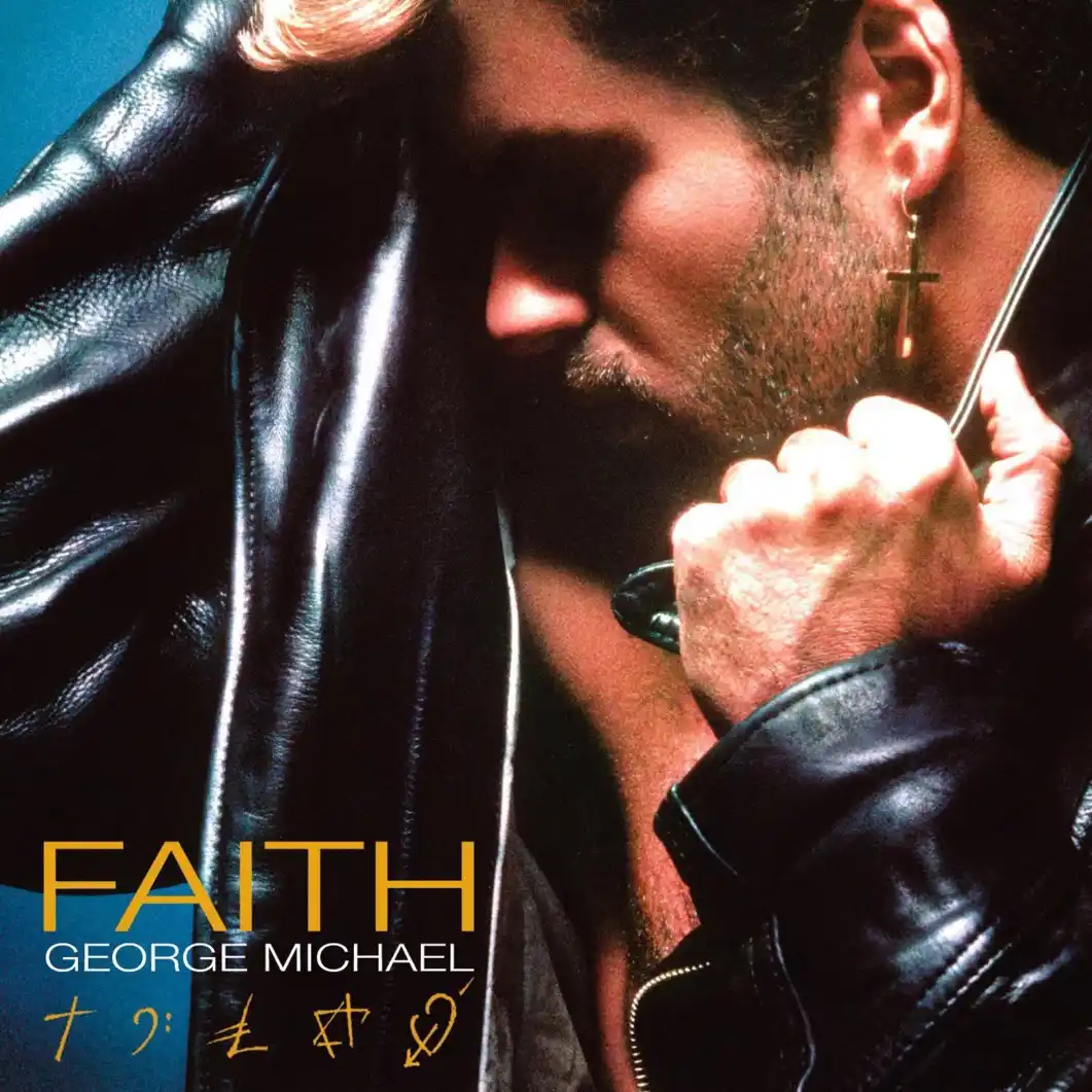 The image shows a close-up of George Michael on the cover of his 1987 album 'Faith', wearing a black leather jacket and a…