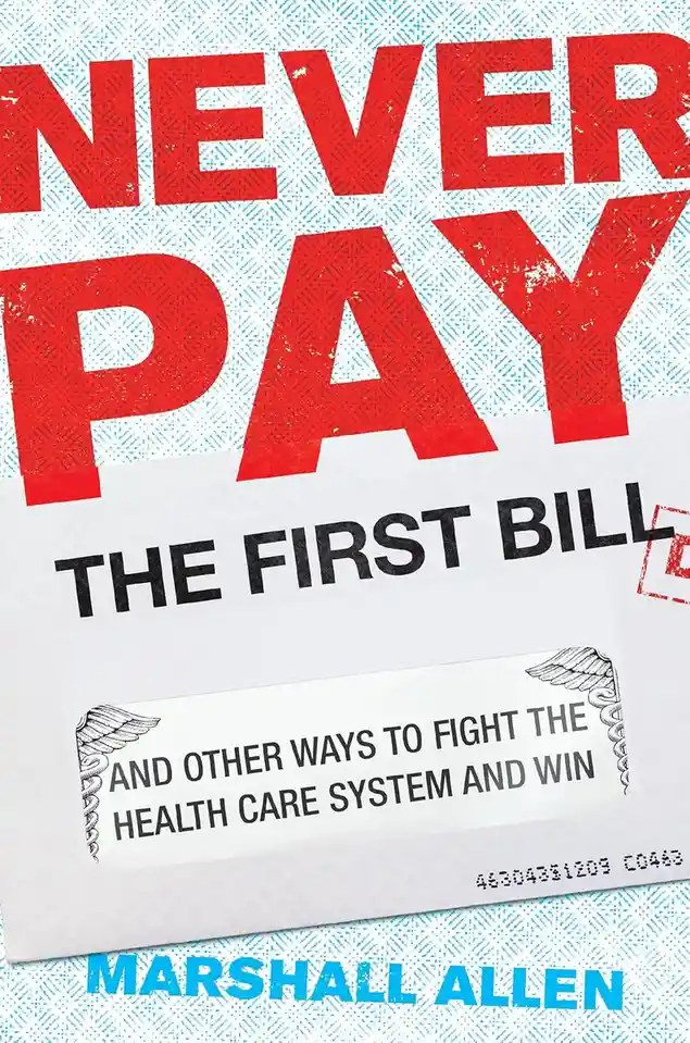 The image shows a book cover with large red text reading 'NEVER PAY' and smaller black text below saying 'THE FIRST BILL'. A…