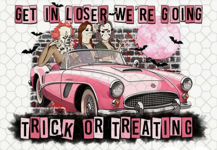 A pink convertible sports car with three horror movie characters—Clown, a woman with horns, and Jason Voorhees—riding in it…