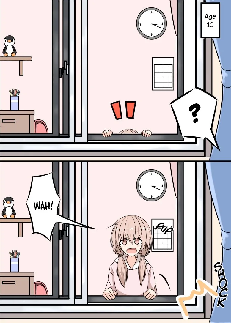 A two-panel anime-style comic shows a young girl peeking from behind a window ledge in her room, labeled 'Age 10', with a…