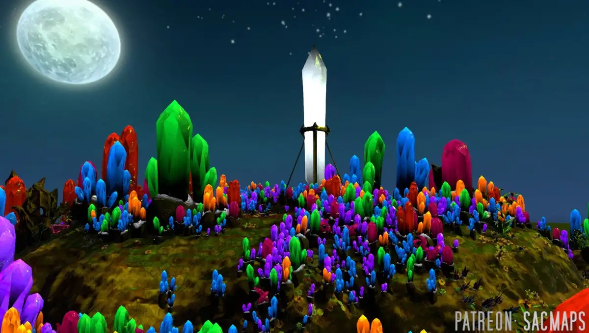 A vibrant, colorful landscape filled with glowing crystals under a large moon and starry sky, featuring a tall, glowing…