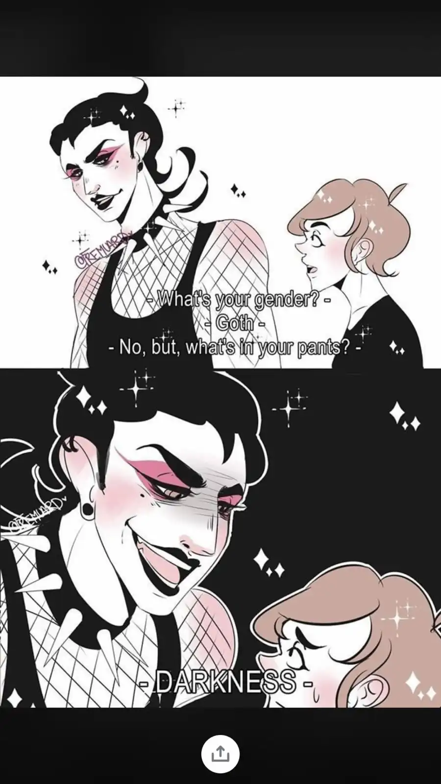 A two-panel comic shows a goth person with dark makeup and a fishnet top answering 'Goth' to a gender question. When asked…