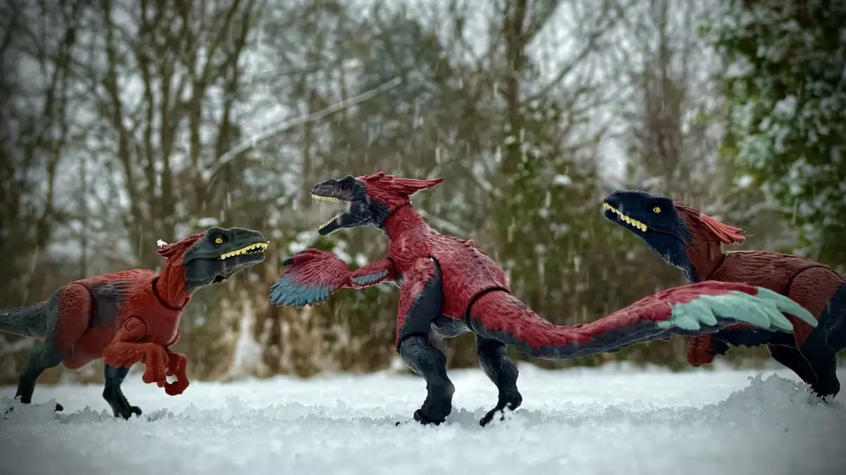 Three plastic dinosaur action figures, resembling velociraptors with red and black coloring and feathered wings, are posed…